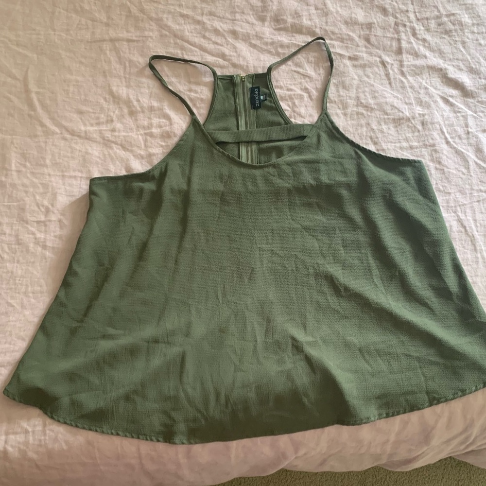 Olive green Zenobia tank top with neckline cutout